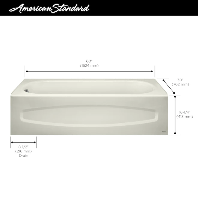 American Standard Sonoma Porcelain Enamelled Steel Bath 60-in X 30-in White Left-Hand Drain - Image 3