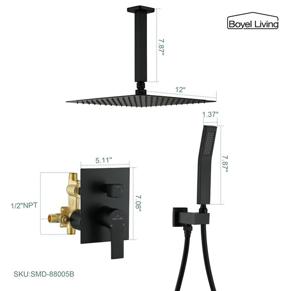 Boyel Living 2.3 GPM 12-in Ceiling Mount Dual Shower Heads In Matte Black - Image 4