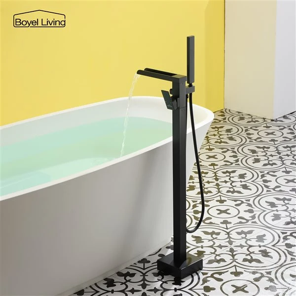 Boyel Living Freestanding Floor Mount Waterfall Tub Faucet In Matte Black