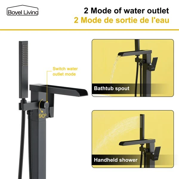 Boyel Living Freestanding Floor Mount Waterfall Tub Faucet In Matte Black - Image 4