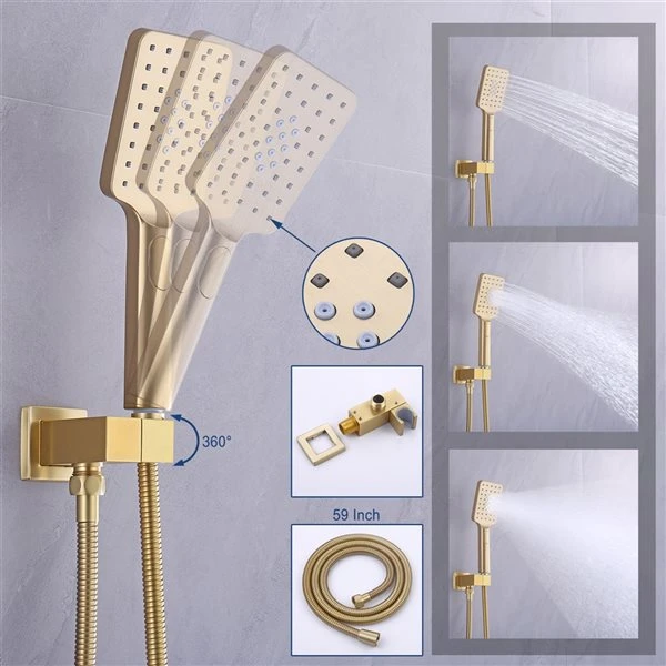 CASAINC Shower System Gold 3-spray Rain Shower Head And Handheld Shower Combo 2.5 GPM (9.5 LPM) - Image 5