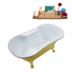 Streamline 32W X 60L Matte Yellow Acrylic Clawfoot Bathtub With Polished Gold Feet And Center Drain With Tray