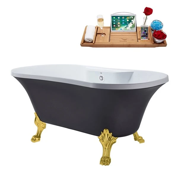 Streamline 32W X 60L Matte Grey Acrylic Clawfoot Bathtub With Polished Gold Feet And Center Drain With Tray - Image 3
