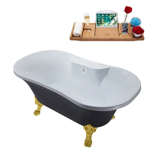 Streamline 32W X 60L Matte Grey Acrylic Clawfoot Bathtub With Polished Gold Feet And Center Drain With Tray - Image 4