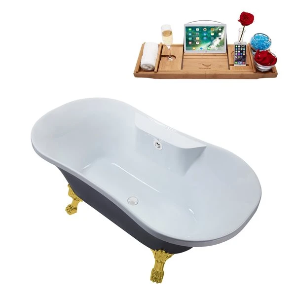 Streamline 32W X 60L Matte Grey Acrylic Clawfoot Bathtub With Polished Gold Feet And Center Drain With Tray - Image 2