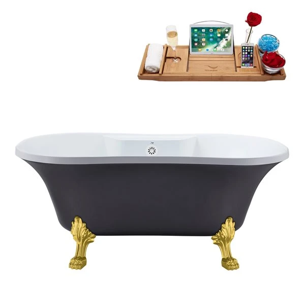 Streamline 32W X 60L Matte Grey Acrylic Clawfoot Bathtub With Polished Gold Feet And Center Drain With Tray