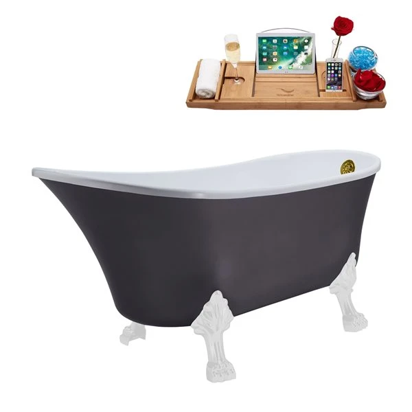 Streamline 28W X 63L Matte Grey Acrylic Clawfoot Bathtub With Glossy White Feet And Reversible Drain With Tray - Image 5