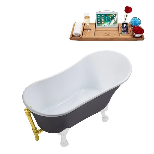 Streamline 28W X 63L Matte Grey Acrylic Clawfoot Bathtub With Glossy White Feet And Reversible Drain With Tray - Image 3
