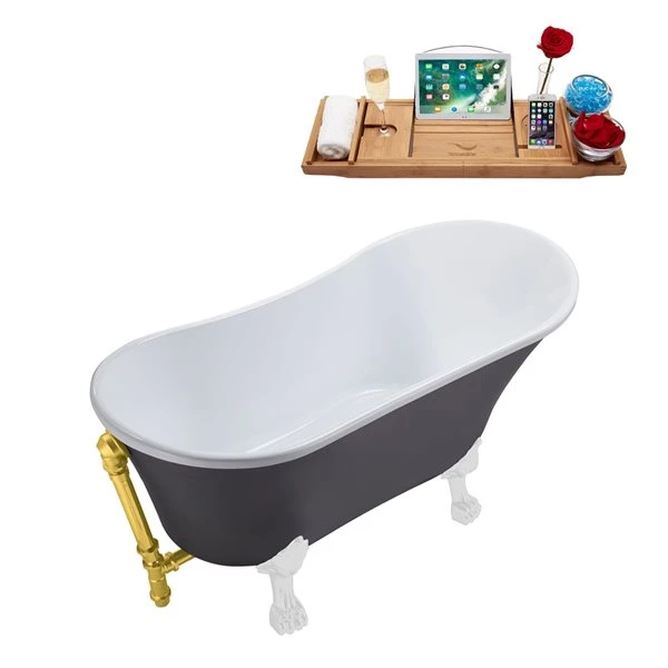 Streamline 28W X 63L Matte Grey Acrylic Clawfoot Bathtub With Glossy White Feet And Reversible Drain With Tray - Image 4