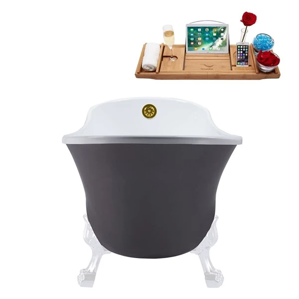 Streamline 28W X 63L Matte Grey Acrylic Clawfoot Bathtub With Glossy White Feet And Reversible Drain With Tray