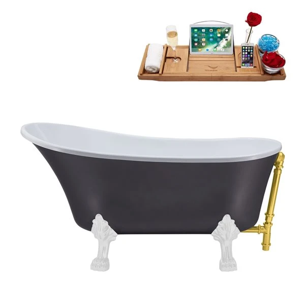 Streamline 28W X 63L Matte Grey Acrylic Clawfoot Bathtub With Glossy White Feet And Reversible Drain With Tray - Image 2
