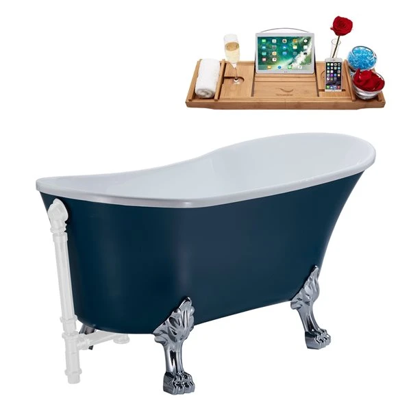 Streamline 28W X 63L Matte Light Blue Acrylic Clawfoot Bathtub With Polished Chrome Feet And Reversible Drain With Tray - Image 2