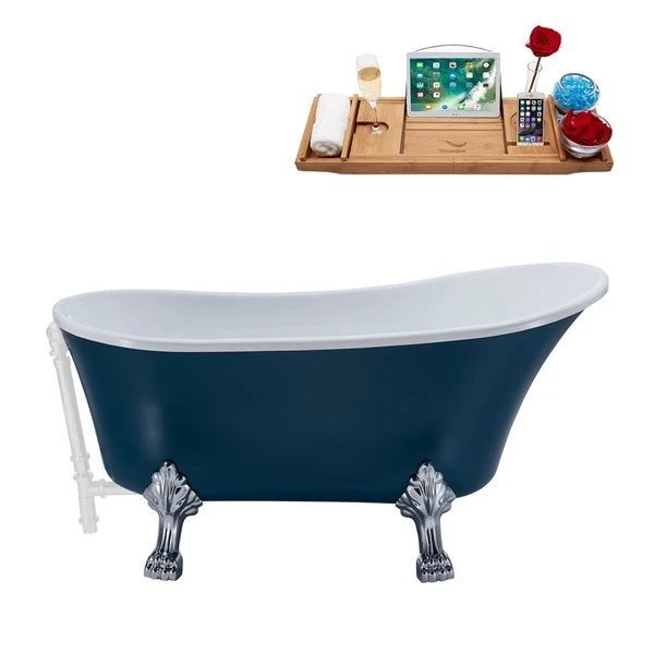 Streamline 28W X 63L Matte Light Blue Acrylic Clawfoot Bathtub With Polished Chrome Feet And Reversible Drain With Tray - Image 4