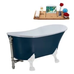 Streamline 28W X 63L Matte Light Blue Acrylic Clawfoot Bathtub With Glossy White Feet And Reversible Drain With Tray
