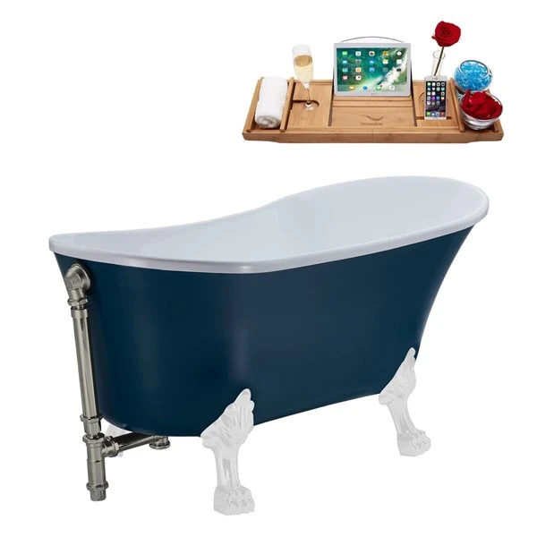 Streamline 28W X 63L Matte Light Blue Acrylic Clawfoot Bathtub With Glossy White Feet And Reversible Drain With Tray