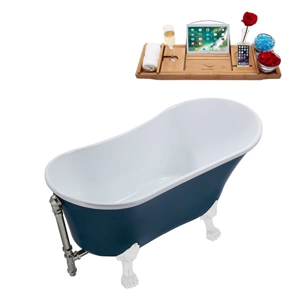 Streamline 28W X 63L Matte Light Blue Acrylic Clawfoot Bathtub With Glossy White Feet And Reversible Drain With Tray - Image 3