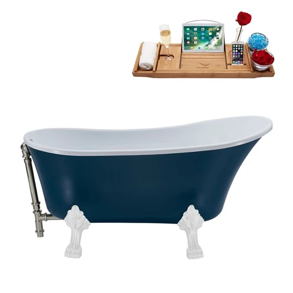 Streamline 28W X 63L Matte Light Blue Acrylic Clawfoot Bathtub With Glossy White Feet And Reversible Drain With Tray - Image 4