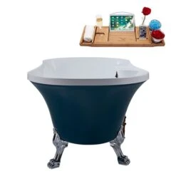 Streamline 32W X 60L Matte Light Blue Acrylic Clawfoot Bathtub With Polished Chrome Feet And Center Drain With Tray