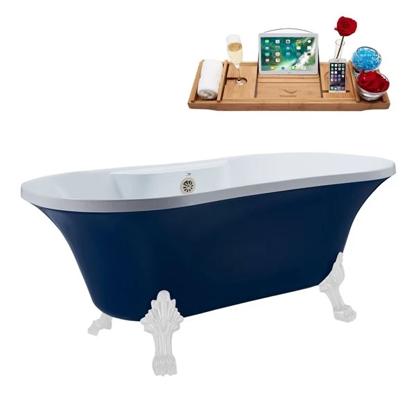 Streamline 32W X 60L Matte Dark Blue Acrylic Clawfoot Bathtub With Glossy White Feet And Center Drain With Tray