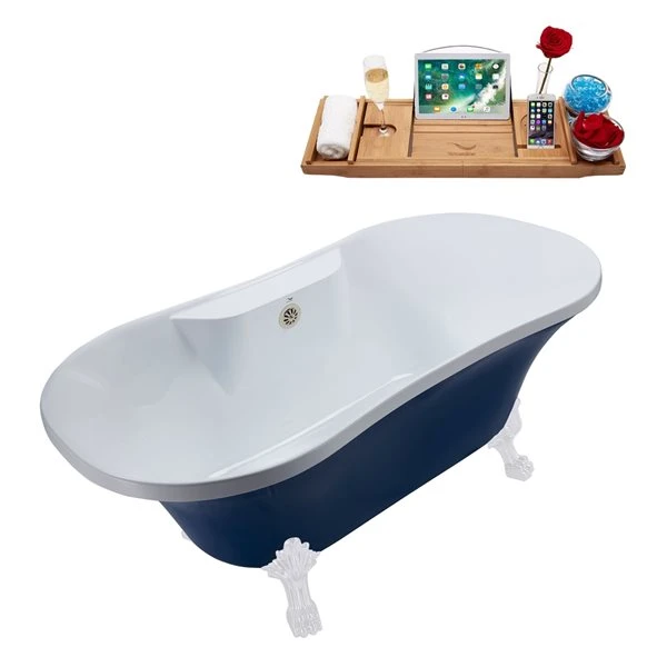 Streamline 32W X 60L Matte Dark Blue Acrylic Clawfoot Bathtub With Glossy White Feet And Center Drain With Tray - Image 4