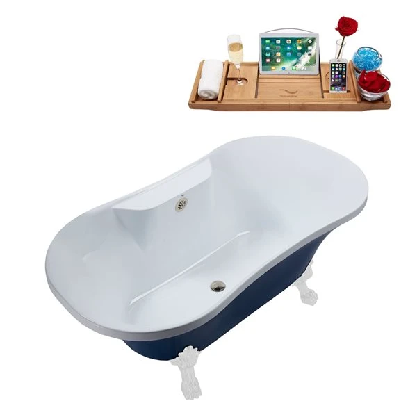 Streamline 32W X 60L Matte Dark Blue Acrylic Clawfoot Bathtub With Glossy White Feet And Center Drain With Tray - Image 5