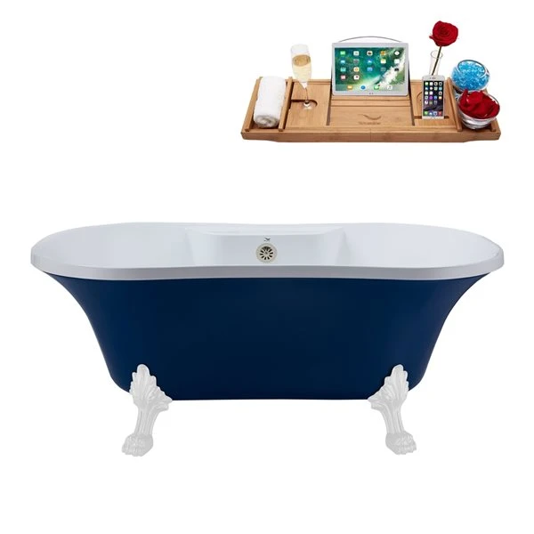 Streamline 32W X 60L Matte Dark Blue Acrylic Clawfoot Bathtub With Glossy White Feet And Center Drain With Tray - Image 3