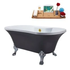 Streamline 32W X 60L Matte Grey Acrylic Clawfoot Bathtub With Polished Chrome Feet And Center Drain With Tray