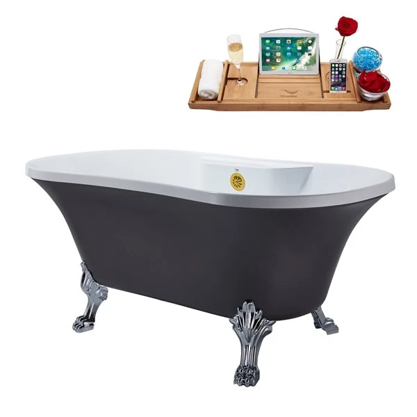 Streamline 32W X 60L Matte Grey Acrylic Clawfoot Bathtub With Polished Chrome Feet And Center Drain With Tray
