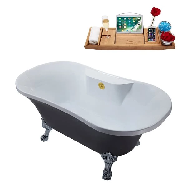 Streamline 32W X 60L Matte Grey Acrylic Clawfoot Bathtub With Polished Chrome Feet And Center Drain With Tray - Image 2