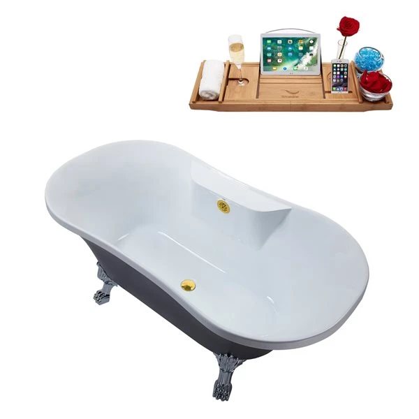 Streamline 32W X 60L Matte Grey Acrylic Clawfoot Bathtub With Polished Chrome Feet And Center Drain With Tray - Image 5