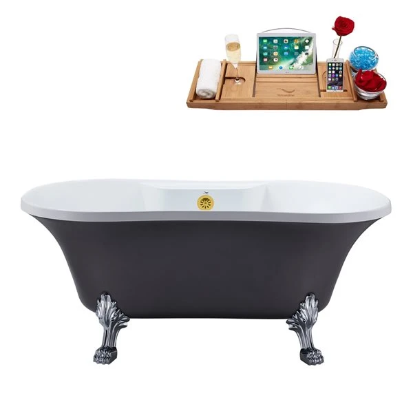 Streamline 32W X 60L Matte Grey Acrylic Clawfoot Bathtub With Polished Chrome Feet And Center Drain With Tray - Image 3