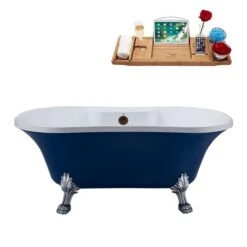 Streamline 32W X 60L Matte Dark Blue Acrylic Clawfoot Bathtub With Polished Chrome Feet And Center Drain With Tray