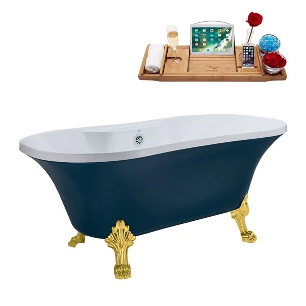 Streamline 32W X 60L Matte Light Blue Acrylic Clawfoot Bathtub With Polished Gold Feet And Center Drain With Tray