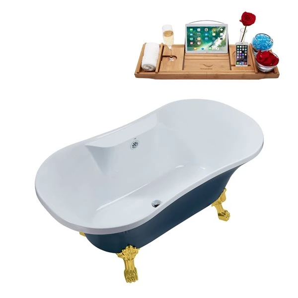 Streamline 32W X 60L Matte Light Blue Acrylic Clawfoot Bathtub With Polished Gold Feet And Center Drain With Tray - Image 3