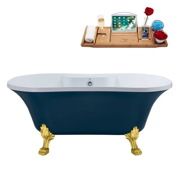Streamline 32W X 60L Matte Light Blue Acrylic Clawfoot Bathtub With Polished Gold Feet And Center Drain With Tray - Image 4