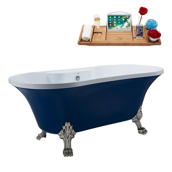 Streamline 32W X 60L Matte Dark Blue Acrylic Clawfoot Bathtub With Brushed Nickel Feet And Center Drain With Tray