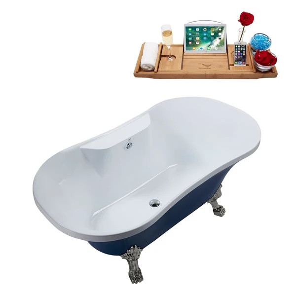 Streamline 32W X 60L Matte Dark Blue Acrylic Clawfoot Bathtub With Brushed Nickel Feet And Center Drain With Tray - Image 5