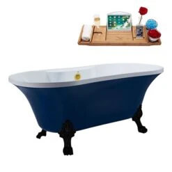 Streamline 32W X 60L Matte Dark Blue Acrylic Clawfoot Bathtub With Matte Black Feet And Center Drain With Tray