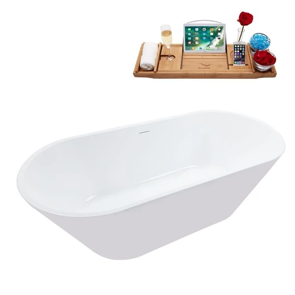 Streamline 32W X 70L Glossy White Acrylic Bathtub And A Polished Gold Center Drain With Tray - Image 5
