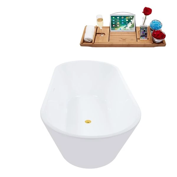 Streamline 32W X 70L Glossy White Acrylic Bathtub And A Polished Gold Center Drain With Tray - Image 2