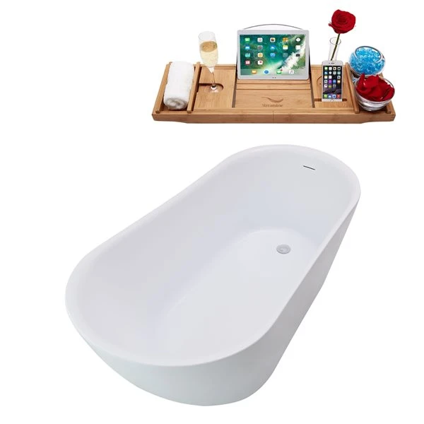 Streamline 28W X 59L Glossy White Acrylic Bathtub And A Polished Chrome Reversible Drain With Tray