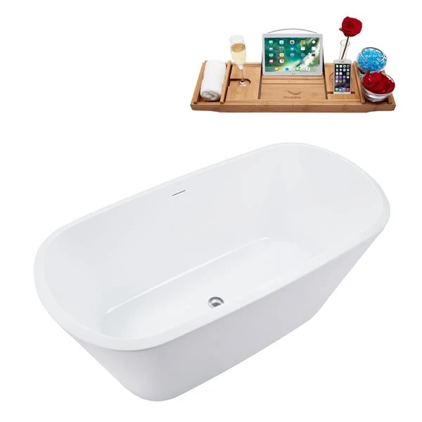 Streamline 28W X 59L Glossy White Acrylic Bathtub And A Polished Chrome Center Drain With Tray