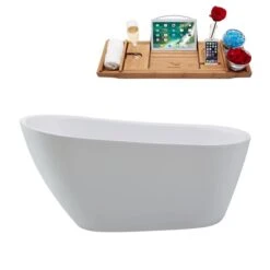 Streamline 28W X 59L Glossy White Acrylic Bathtub And A Brushed Nickel Reversible Drain With Tray