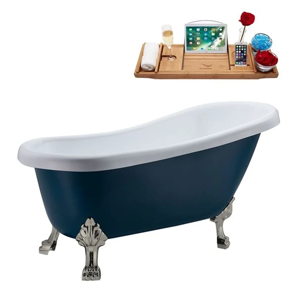 Streamline 28W X 61L Matte Light Blue Acrylic Clawfoot Bathtub With Brushed Nickel Feet And Reversible Drain With Tray - Image 3