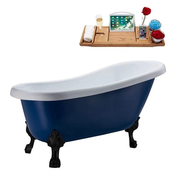 Streamline 28W X 61L Matte Dark Blue Acrylic Clawfoot Bathtub With Matte Black Feet And Reversible Drain With Tray - Image 2