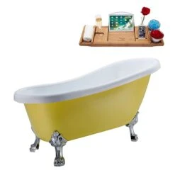 Streamline 28W X 61L Matte Yellow Acrylic Clawfoot Bathtub With Polished Chrome Feet And Reversible Drain With Tray