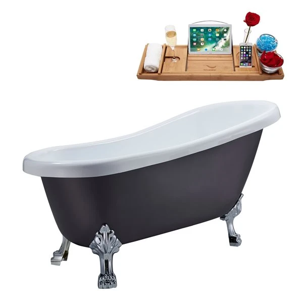 Streamline 28W X 61L Matte Grey Acrylic Clawfoot Bathtub With Polished Chrome Feet And Reversible Drain With Tray - Image 3