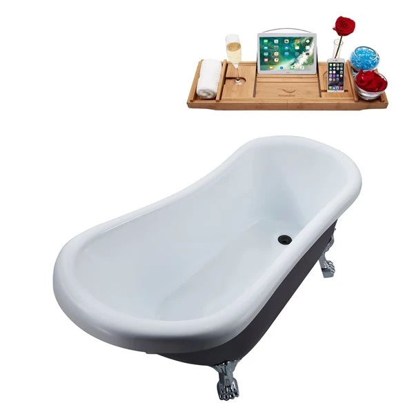 Streamline 28W X 61L Matte Grey Acrylic Clawfoot Bathtub With Polished Chrome Feet And Reversible Drain With Tray