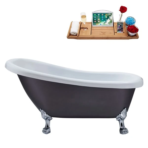 Streamline 28W X 61L Matte Grey Acrylic Clawfoot Bathtub With Polished Chrome Feet And Reversible Drain With Tray - Image 5