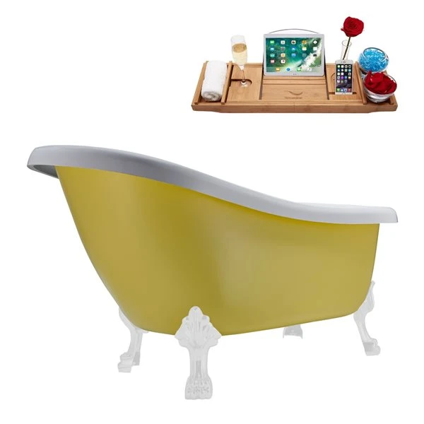 Streamline 28W X 61L Matte Yellow Acrylic Clawfoot Bathtub With Glossy White Feet And Reversible Drain With Tray - Image 4